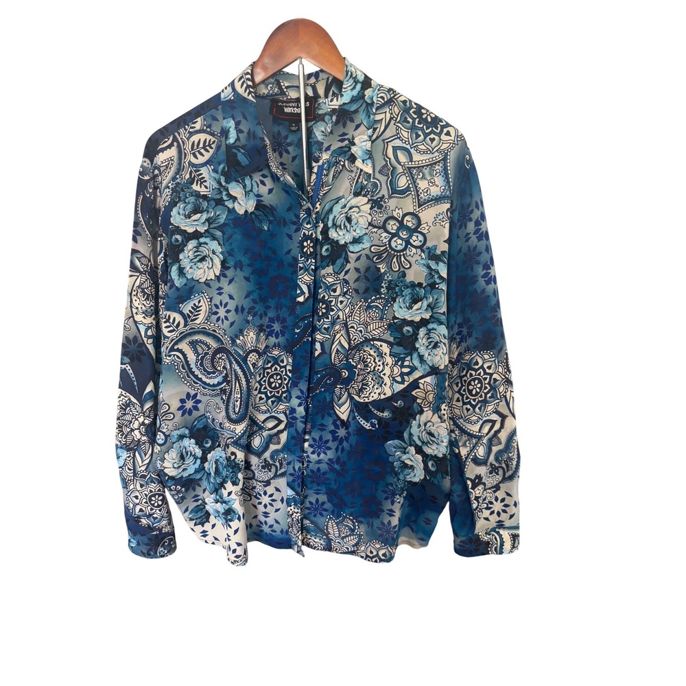 Johnny Was Blue Floral Paisley Button Down Blouse Womens Medium Mixed Print